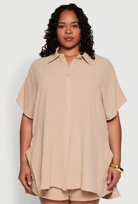 Womens Plus Size Airy Oversized Slit Hem Shirt, Beige, Size 1X