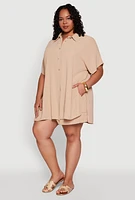 Womens Plus Size Airy Oversized Slit Hem Shirt, Beige, Size 1X
