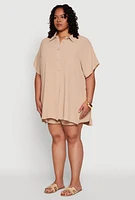 Womens Plus Size Airy Oversized Slit Hem Shirt, Beige, Size 1X
