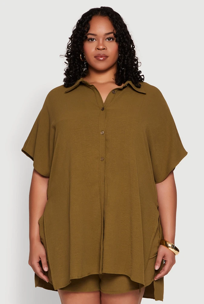 Womens Plus Size Airy Oversized Slit Hem Shirt, Green, Size 3X