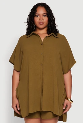 Womens Plus Size Airy Oversized Slit Hem Shirt, Green, Size 3X
