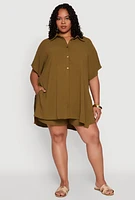Womens Plus Size Airy Oversized Slit Hem Shirt, Green, Size 1X
