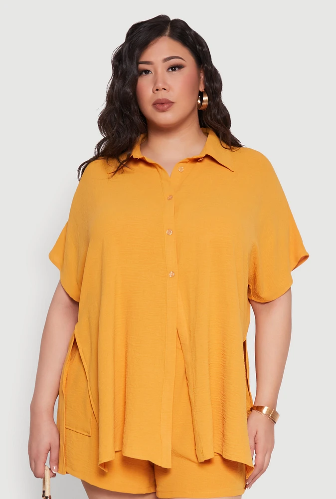 Womens Plus Size Airy Oversized Slit Hem Shirt, Yellow, Size 2X