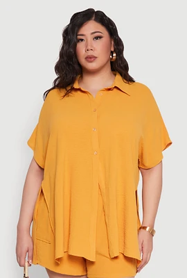 Womens Plus Size Airy Oversized Slit Hem Shirt, Yellow, Size 2X