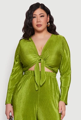 Womens Plus Size Plisse Tie Front Crop Top, Green, Size 3X
