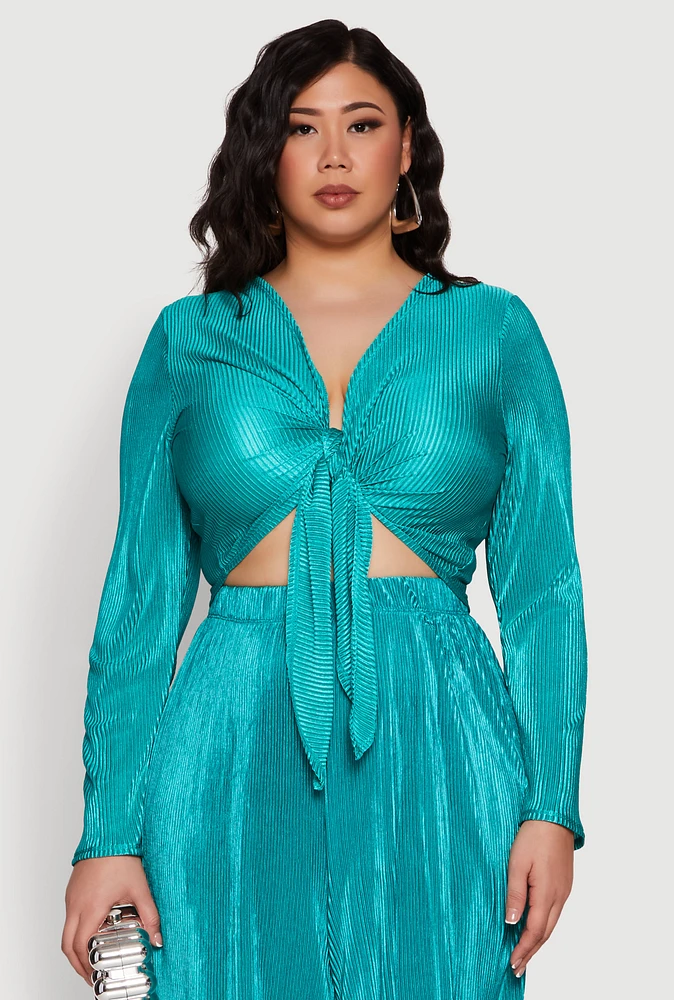 Womens Plus Plisse Tie Front Crop Top, Green,