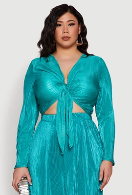 Womens Plus Plisse Tie Front Crop Top, Green,