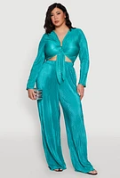 Womens Plus Plisse Tie Front Crop Top, Green,