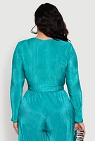 Womens Plus Size Plisse Tie Front Crop Top, Green, Size 1X
