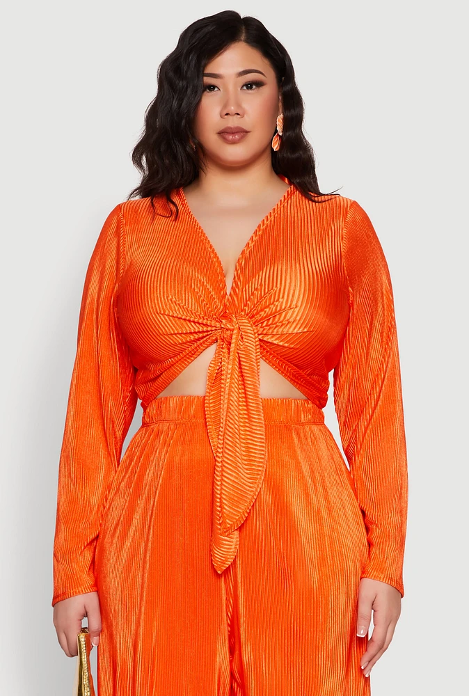 Womens Plus Size Plisse Tie Front Crop Top, Orange, Size 1X
