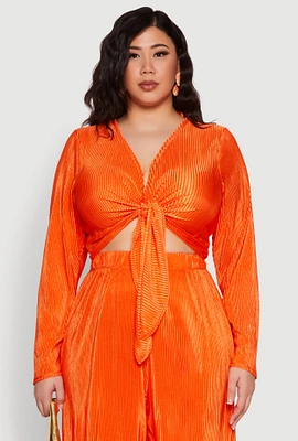 Womens Plus Size Plisse Tie Front Crop Top, Orange, Size 1X