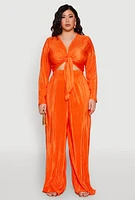 Womens Plus Size Plisse Tie Front Crop Top, Orange, Size 1X