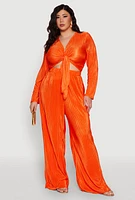 Womens Plus Size Plisse Tie Front Crop Top, Orange, Size 1X