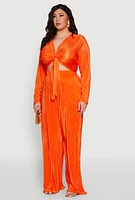 Womens Plus Size Plisse Tie Front Crop Top, Orange, Size 1X