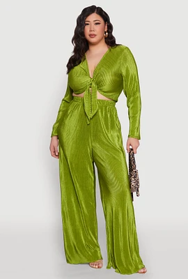 Womens Plus Size Plisse Palazzo Pants, Green, Size 2X