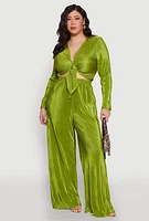 Womens Plus Size Plisse Palazzo Pants, Green, Size 2X