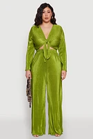 Womens Plus Size Plisse Palazzo Pants, Green, Size 2X