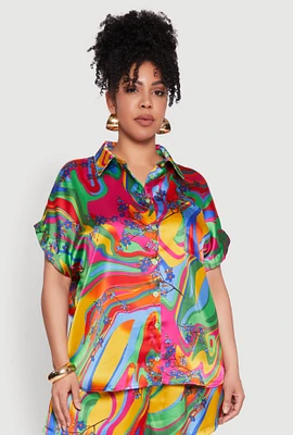 Womens Plus Size Floral Psychedelic Satin Shirt, Multi, Size 1X