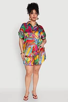 Womens Plus Size Floral Psychedelic Satin Shirt, Multi, Size 1X