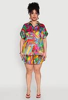 Womens Plus Size Satin Psychedelic Floral Print Shirt, Multi, Size 3X