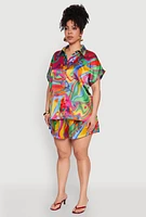Womens Plus Size Floral Psychedelic Satin Shirt, Multi, Size 1X