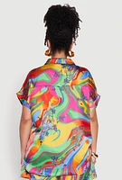 Womens Plus Size Floral Psychedelic Satin Shirt, Multi, Size 1X