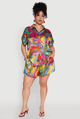 Womens Plus Size Satin Psychedelic Floral Print Shorts, Multi, Size 3X