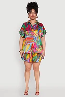 Womens Plus Size Satin Psychedelic Floral Print Shorts, Multi, Size 3X