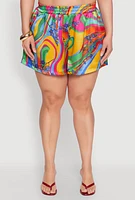 Womens Plus Size Satin Psychedelic Floral Print Shorts, Multi, Size 3X