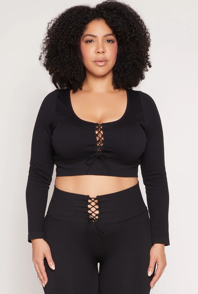 Womens Plus Seamless Lace Up Long Sleeve Crop Top, 1X-2X