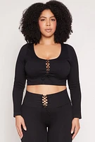 Womens Plus Seamless Lace Up Long Sleeve Crop Top, 1X-2X