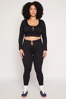 Womens Plus Seamless Lace Up Long Sleeve Crop Top, 1X-2X