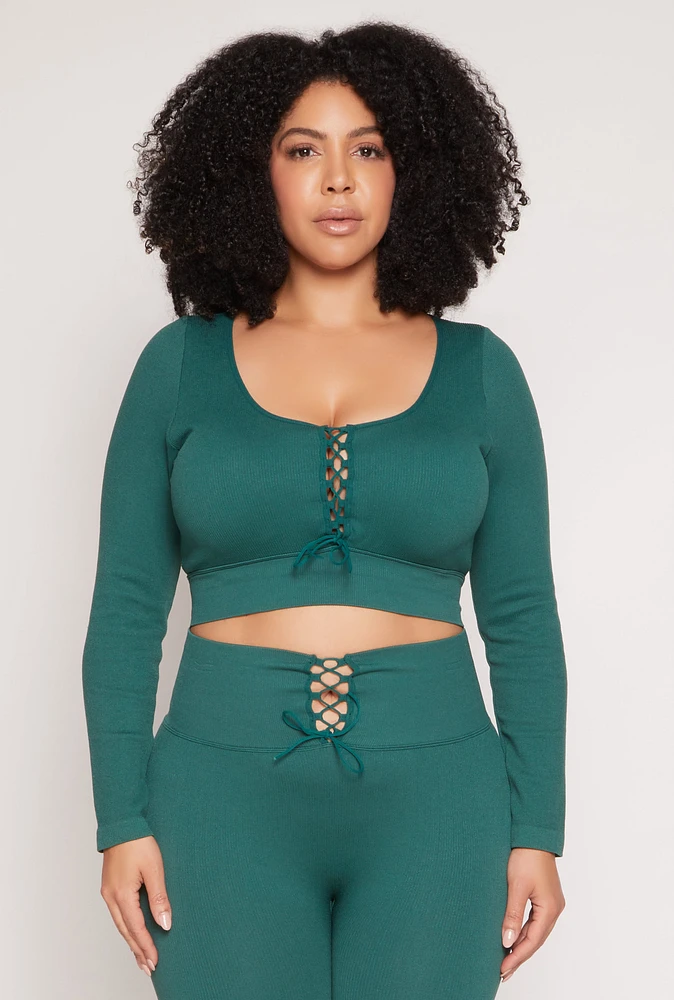 Womens Plus Size Seamless Lace Up Long Sleeve Crop Top, Green, Size 1X-2X