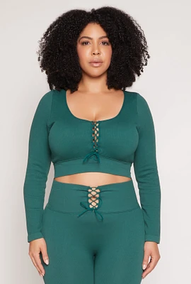 Womens Plus Size Seamless Lace Up Long Sleeve Crop Top, Green, Size 1X-2X