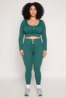 Womens Plus Size Seamless Lace Up Long Sleeve Crop Top, Green, Size 1X-2X