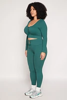 Womens Plus Size Seamless Lace Up Long Sleeve Crop Top, Green, Size 1X-2X