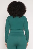 Womens Plus Size Seamless Lace Up Long Sleeve Crop Top, Green, Size 1X-2X