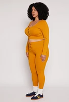 Womens Plus Size Seamless Lace Up Long Sleeve Crop Top, Orange, Size 2X-3X
