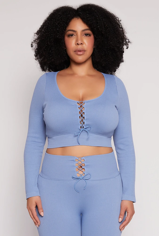 Womens Plus Size Seamless Lace Up Long Sleeve Crop Top, Blue, Size 1X-2X