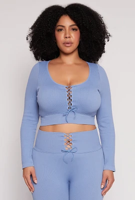 Womens Plus Size Seamless Lace Up Long Sleeve Crop Top, Blue, Size 1X-2X