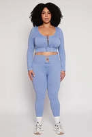 Womens Plus Size Seamless Lace Up Long Sleeve Crop Top, Blue, Size 1X-2X