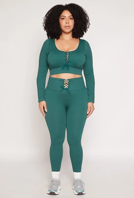 Womens Plus Size Seamless Lace Up Leggings, Green, Size 1X-2X