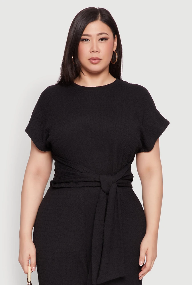 Womens Plus Size Textured Knit Tie Waist Top, Black, Size 1X