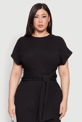 Womens Plus Size Textured Knit Tie Waist Top, Black, Size 1X