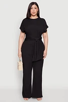 Womens Plus Size Textured Knit Tie Waist Top, Black, Size 1X