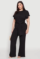 Womens Plus Size Textured Knit Tie Waist Top, Black, Size 1X