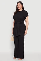 Womens Plus Size Textured Knit Tie Waist Top, Black, Size 1X