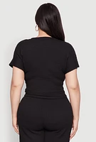 Womens Plus Size Textured Knit Tie Waist Top, Black, Size 1X