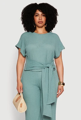 Womens Plus Size Textured Knit Tie Waist Top, Green, Size 2X