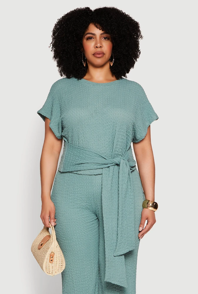 Womens Plus Size Textured Knit Tie Waist Top, Green, Size 2X